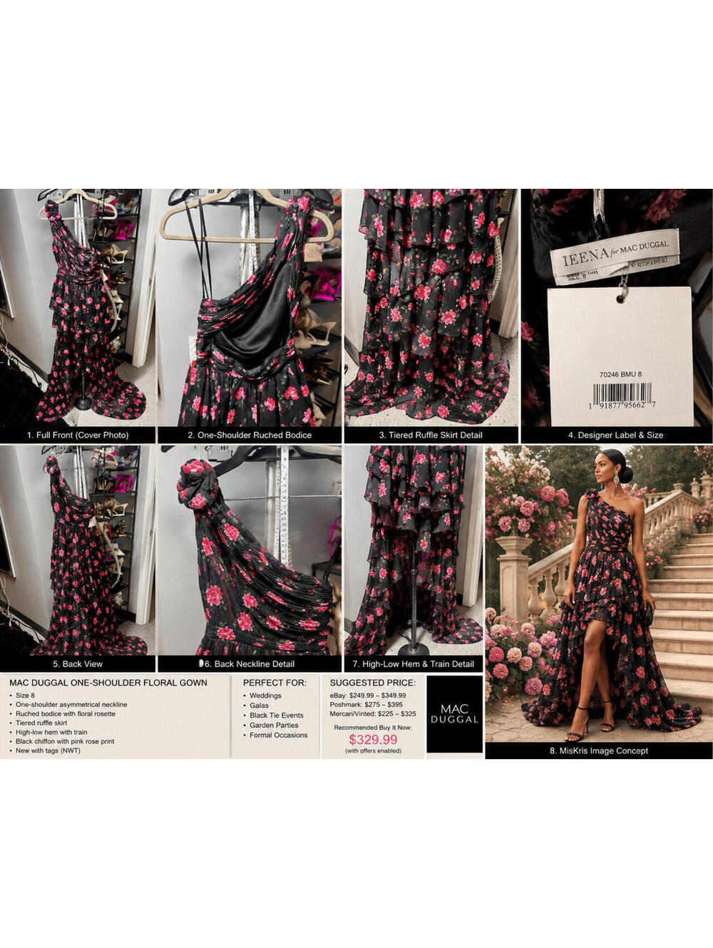 Mac Duggal One Shoulder Floral Chiffon Gown Black Pink Roses Size 8 NWT